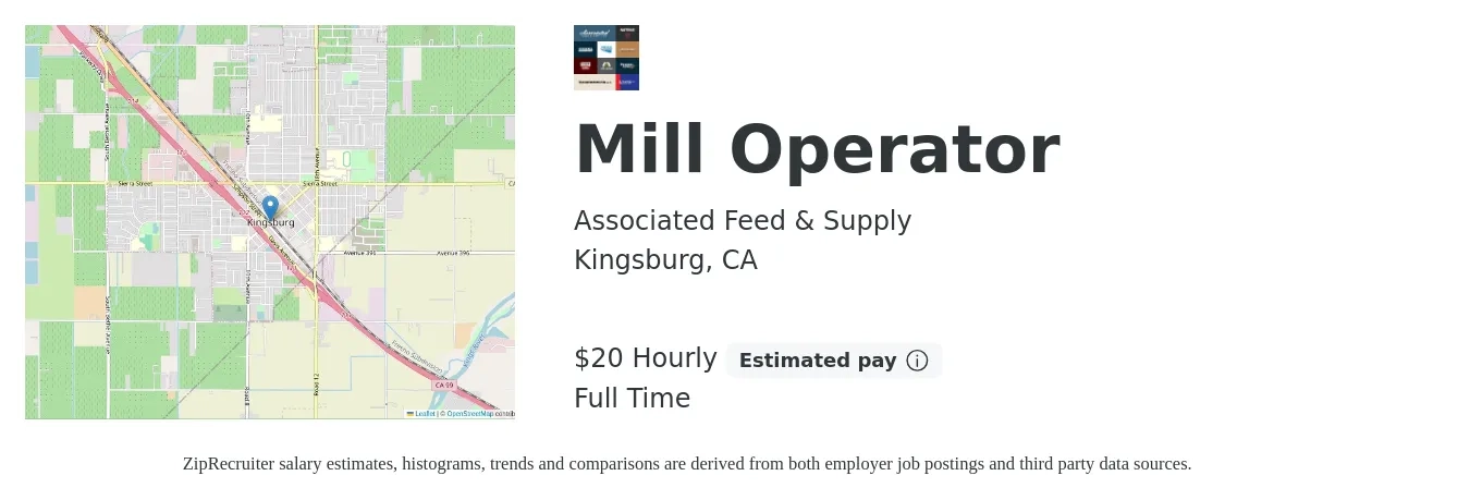 Associated Feed & Supply job posting for a Mill Operator in Kingsburg, CA with a salary of $22 Hourly with a map of Kingsburg location.