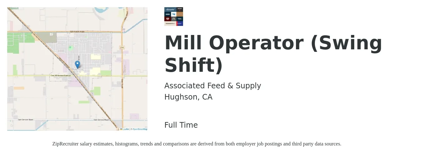 Associated Feed & Supply job posting for a Mill Operator (Swing Shift) in Hughson, CA with a salary of $18 to $24 Hourly with a map of Hughson location.
