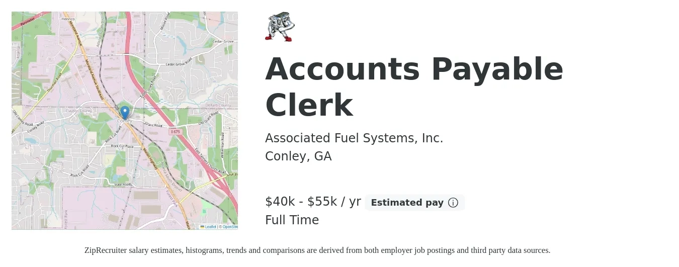 Associated Fuel Systems, Inc. job posting for a Accounts Payable Clerk in Conley, GA with a salary of $40,000 to $55,000 Yearly with a map of Conley location.