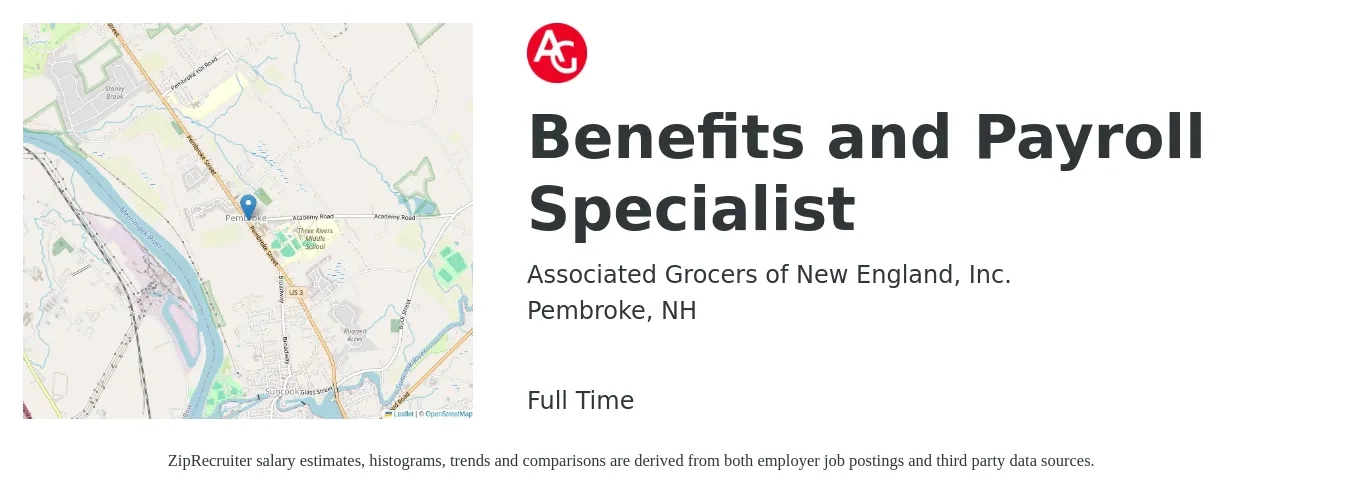 Associated Grocers Of New England job posting for a Benefits and Payroll Specialist in Pembroke, NH with a salary of $50,500 to $66,200 Yearly with a map of Pembroke location.