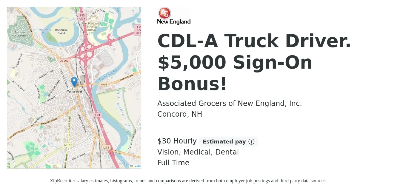 Associated Grocers of New England, Inc. job posting for a CDL-A Truck Driver. $5,000 Sign-On Bonus! in Concord, NH with a salary of $32 Hourly and benefits including vision, dental, medical, pto, and retirement with a map of Concord location.