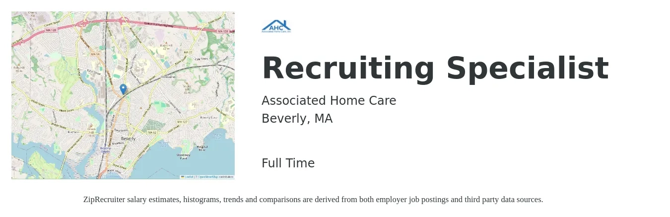 Associated Home Care job posting for a Recruiting Specialist in Beverly, MA with a salary of $23 to $25 Hourly with a map of Beverly location.