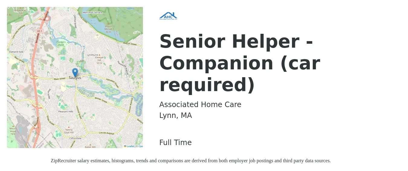 Associated Home Care job posting for a Senior Helper - Companion (car required) in Lynn, MA with a salary of $15 to $19 Hourly with a map of Lynn location.