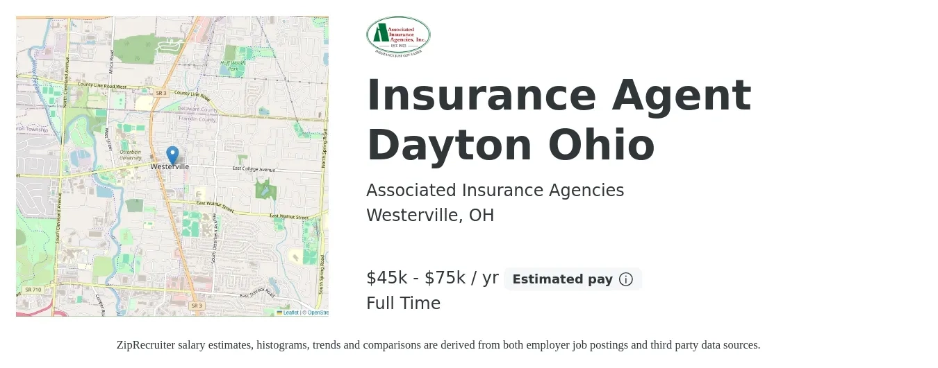Associated Insurance Agencies job posting for a Insurance Agent Dayton Ohio in Westerville, OH with a salary of $45,000 to $75,000 Yearly with a map of Westerville location.
