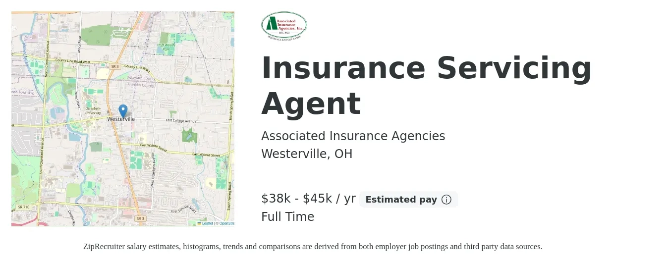 Associated Insurance Agencies job posting for a Insurance Servicing Agent in Westerville, OH with a salary of $38,000 to $45,000 Yearly with a map of Westerville location.