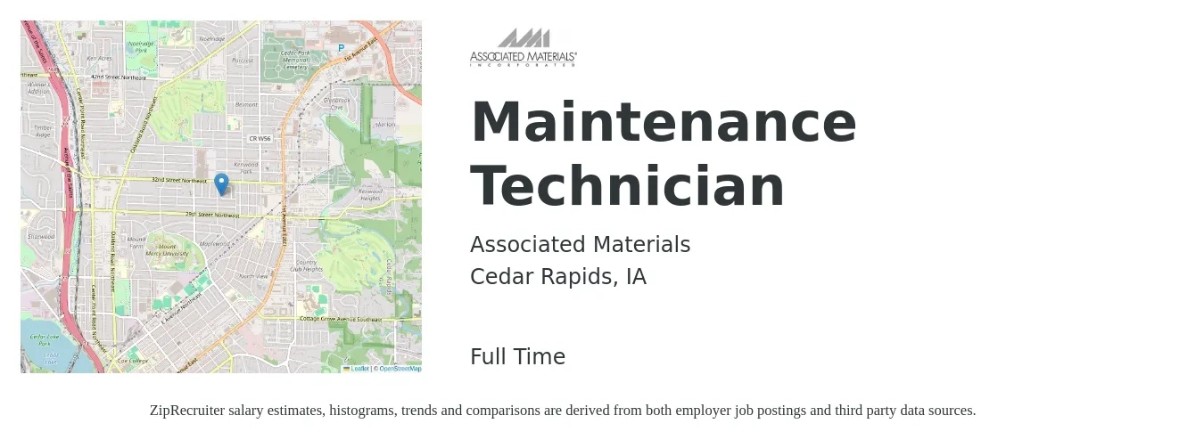 Associated Materials job posting for a Maintenance Technician in Cedar Rapids, IA with a salary of $25 to $28 Hourly with a map of Cedar Rapids location.