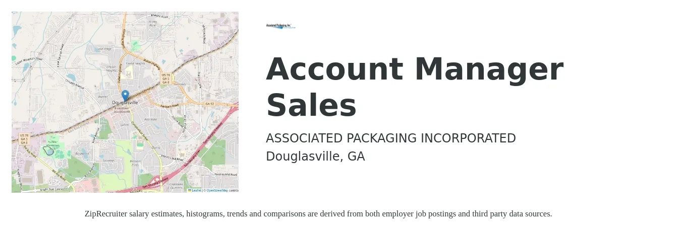 ASSOCIATED PACKAGING INCORPORATED job posting for a Account Manager Sales in Douglasville, GA with a salary of $45,100 to $71,400 Yearly with a map of Douglasville location.
