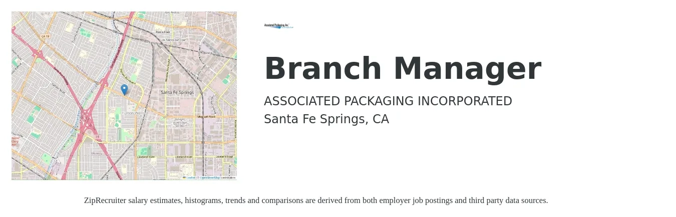 ASSOCIATED PACKAGING INCORPORATED job posting for a Branch Manager in Santa Fe Springs, CA with a salary of $57,700 to $87,100 Yearly with a map of Santa Fe Springs location.