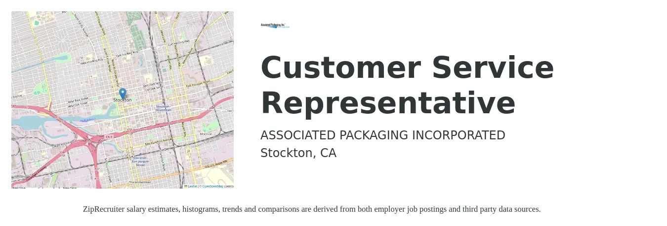 ASSOCIATED PACKAGING INCORPORATED job posting for a Customer Service Representative in Stockton, CA with a salary of $19 to $23 Hourly with a map of Stockton location.