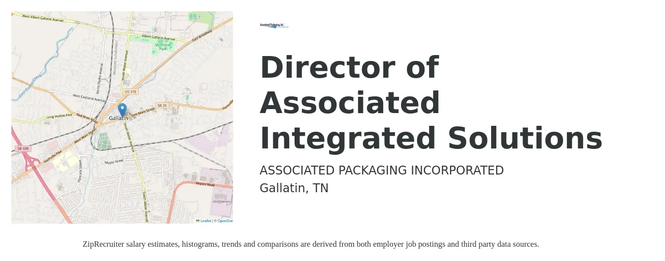 ASSOCIATED PACKAGING INCORPORATED job posting for a Director of Associated Integrated Solutions in Gallatin, TN with a salary of $110,400 to $132,500 Yearly with a map of Gallatin location.
