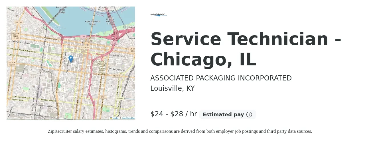 ASSOCIATED PACKAGING INCORPORATED job posting for a Service Technician - Chicago, IL in Louisville, KY with a salary of $25 to $30 Hourly with a map of Louisville location.