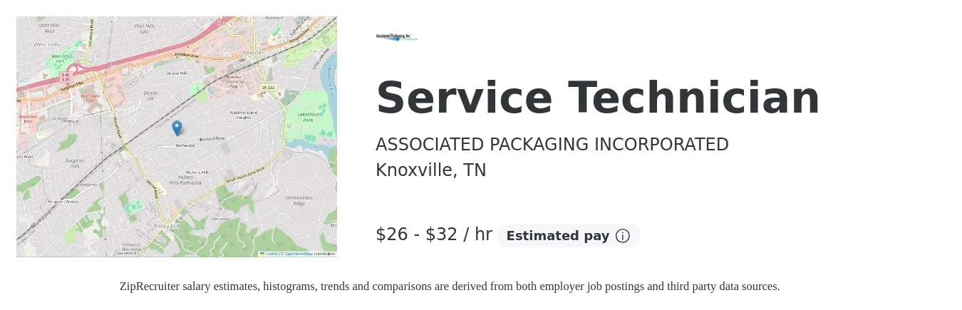 ASSOCIATED PACKAGING INCORPORATED job posting for a Service Technician in Knoxville, TN with a salary of $19 to $26 Hourly with a map of Knoxville location.