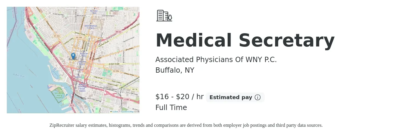 Associated Physicians Of WNY P.C. job posting for a Medical Secretary in Buffalo, NY with a salary of $17 to $21 Hourly with a map of Buffalo location.