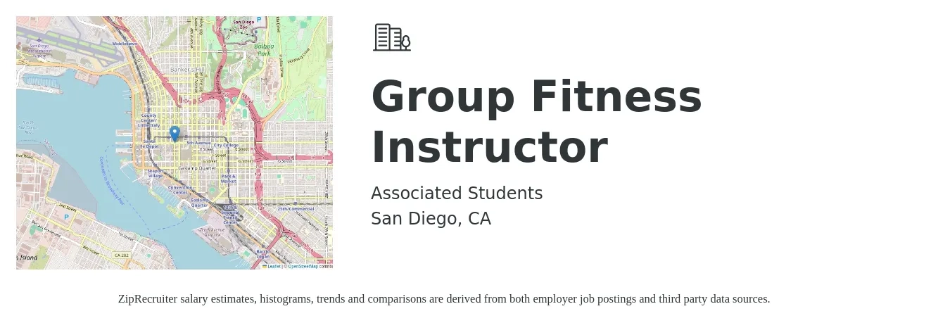 Associated Students job posting for a Group Fitness Instructor in San Diego, CA with a salary of $18 to $30 Hourly with a map of San Diego location.