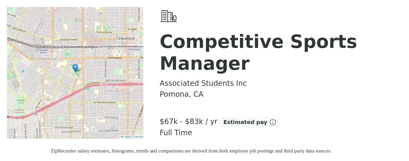 Associated Students Inc job posting for a Competitive Sports Manager in Pomona, CA with a salary of $67,827 to $83,008 Yearly with a map of Pomona location.