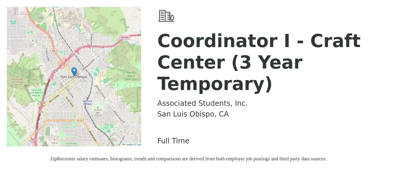 Associated Students, Inc. job posting for a Coordinator I - Craft Center (3 Year Temporary) in San Luis Obispo, CA with a salary of $42,700 to $70,900 Yearly with a map of San Luis Obispo location.