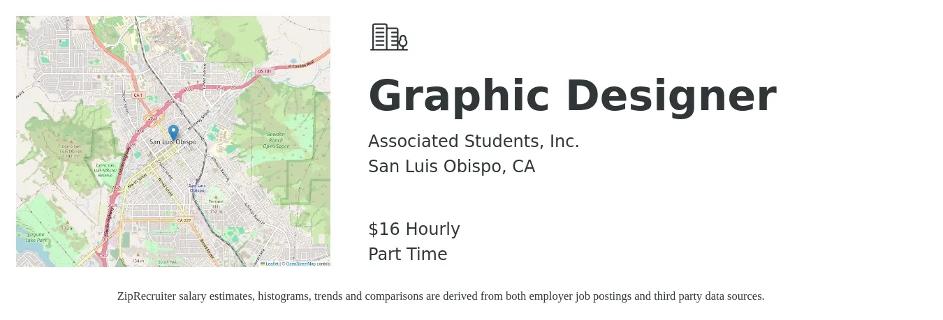 Associated Students, Inc. job posting for a Graphic Designer in San Luis Obispo, CA with a salary of $17 Hourly with a map of San Luis Obispo location.