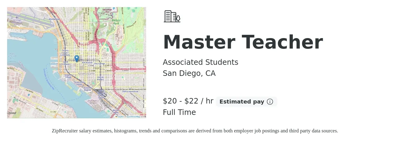 Associated Students job posting for a Master Teacher in San Diego, CA with a salary of $21 to $23 Hourly with a map of San Diego location.