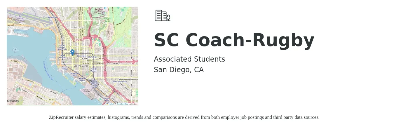 Associated Students job posting for a SC Coach-Rugby in San Diego, CA with a salary of $16 to $21 Hourly with a map of San Diego location.