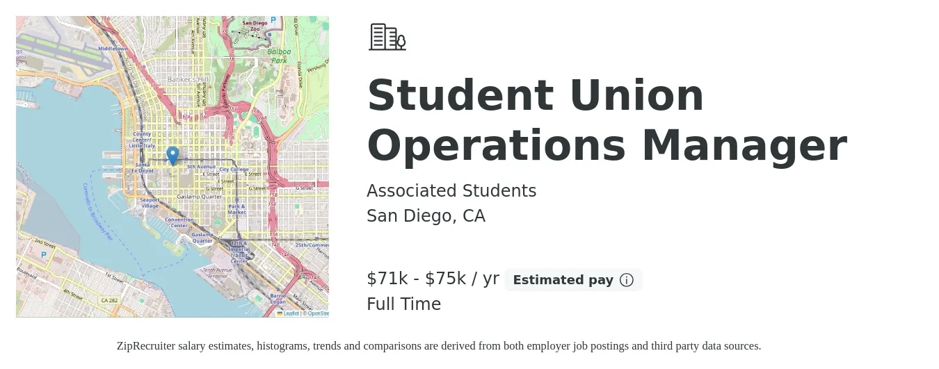 Associated Students job posting for a Student Union Operations Manager in San Diego, CA with a salary of $71,000 to $75,000 Yearly with a map of San Diego location.
