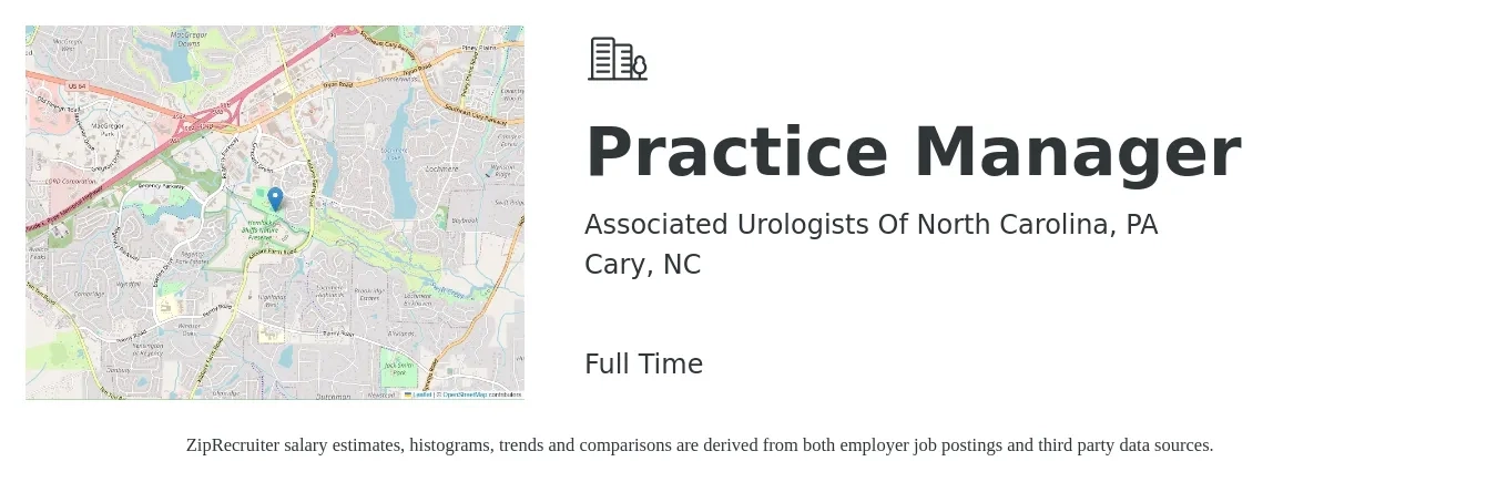 Associated Urologists Of North Carolina, PA job posting for a Practice Manager in Cary, NC with a salary of $58,100 to $80,500 Yearly with a map of Cary location.