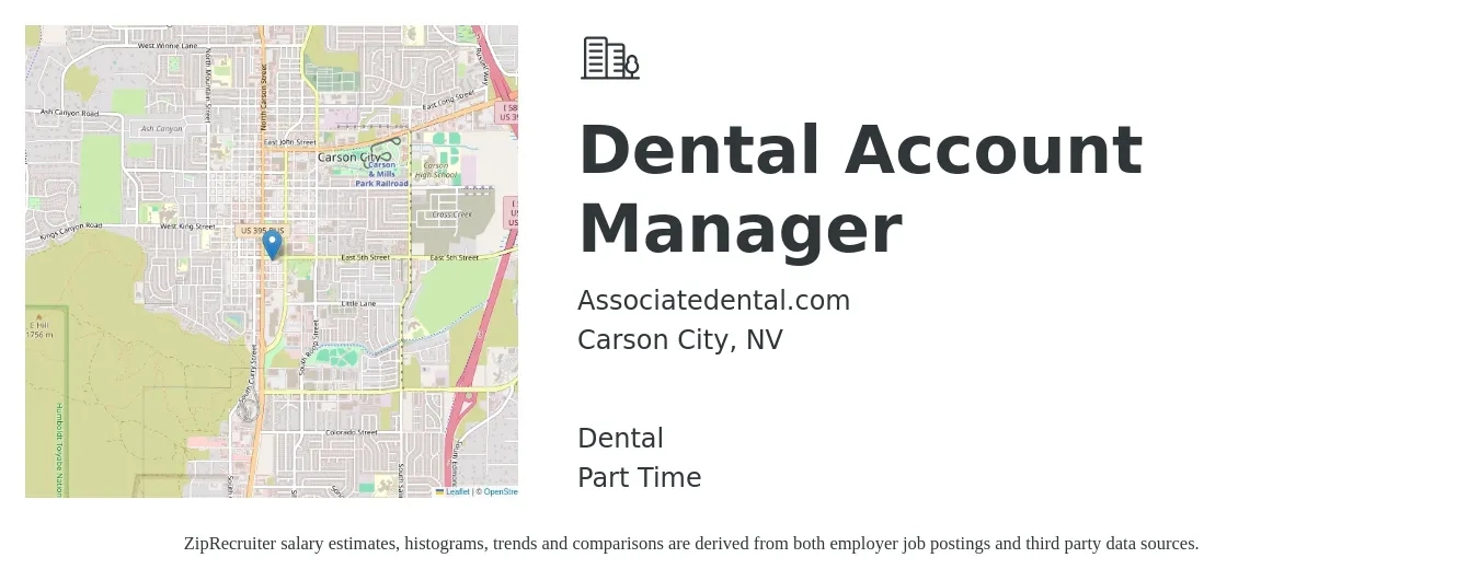 Associatedental.com job posting for a Dental Account Manager in Carson City, NV with a salary of $165 to $185 Daily and benefits including dental with a map of Carson City location.