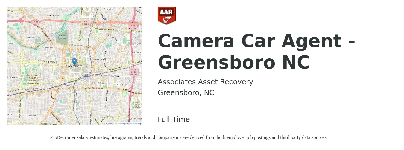 Associates Asset Recovery job posting for a Camera Car Agent -Greensboro NC in Greensboro, NC with a salary of $1,000 to $2,000 Monthly with a map of Greensboro location.