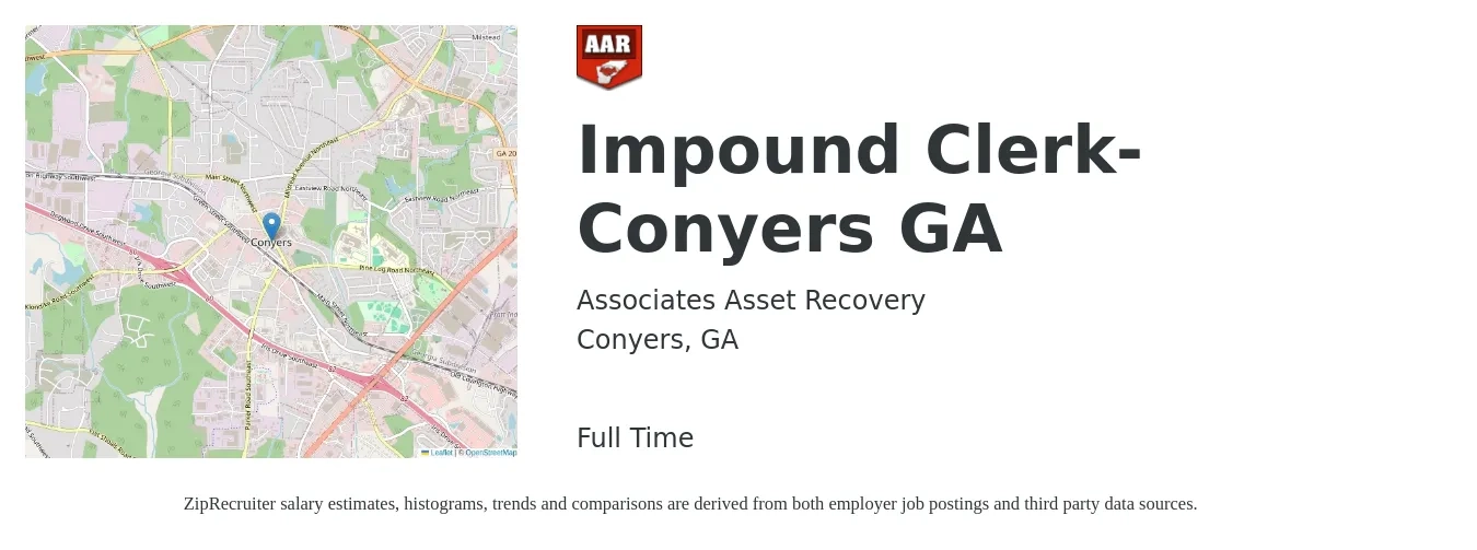 Associates Asset Recovery job posting for a Impound Clerk-Conyers GA in Conyers, GA with a salary of $13 to $18 Hourly with a map of Conyers location.