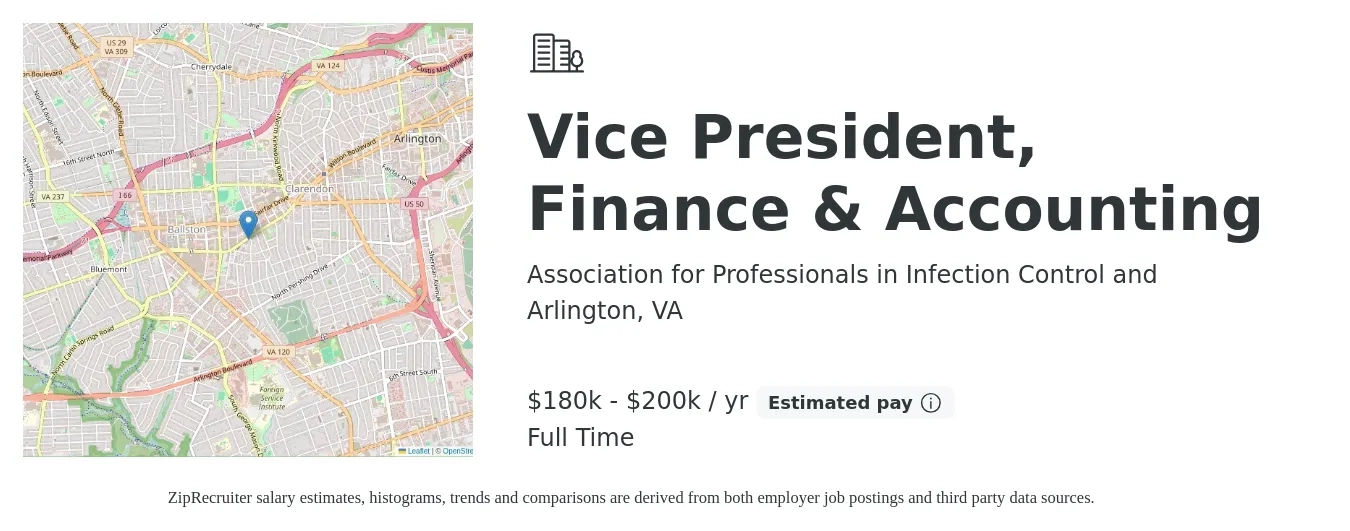 Association for Professionals in Infection Control and job posting for a Vice President, Finance & Accounting in Arlington, VA with a salary of $180,000 to $200,000 Yearly with a map of Arlington location.