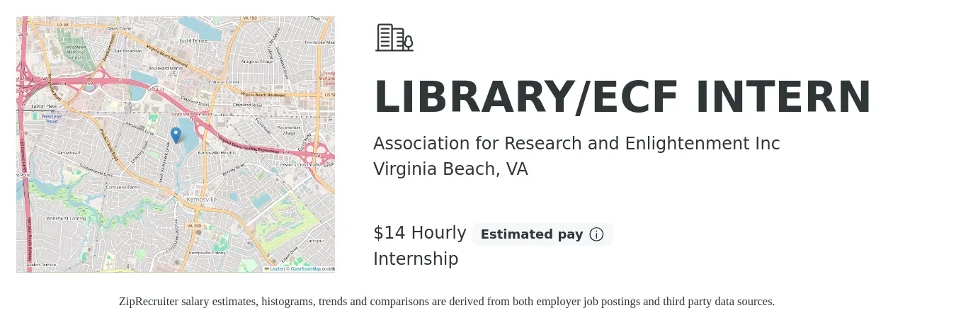 Association for Research and Enlightenment Inc job posting for a LIBRARY/ECF INTERN in Virginia Beach, VA with a salary of $15 Hourly with a map of Virginia Beach location.