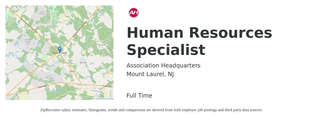 Association Headquarters job posting for a Human Resources Specialist in Mount Laurel, NJ with a salary of $46,500 to $97,500 Yearly with a map of Mount Laurel location.
