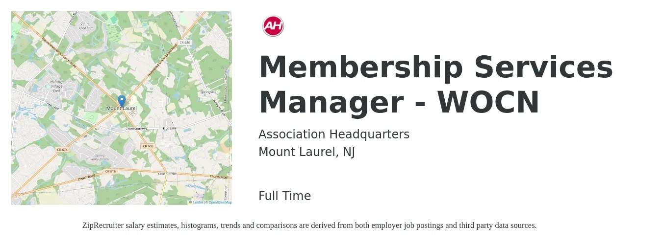 Association Headquarters job posting for a Membership Services Manager - WOCN in Mount Laurel, NJ with a salary of $46,000 to $67,800 Yearly with a map of Mount Laurel location.