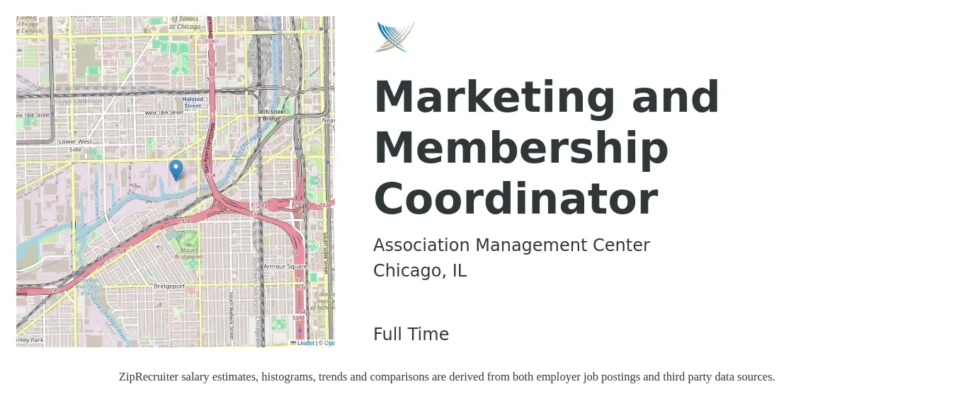 Association Management Center job posting for a Marketing and Membership Coordinator in Chicago, IL with a salary of $43,800 to $60,300 Yearly with a map of Chicago location.