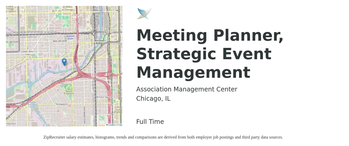 Association Management Center job posting for a Meeting Planner, Strategic Event Management in Chicago, IL with a salary of $26 to $38 Hourly with a map of Chicago location.