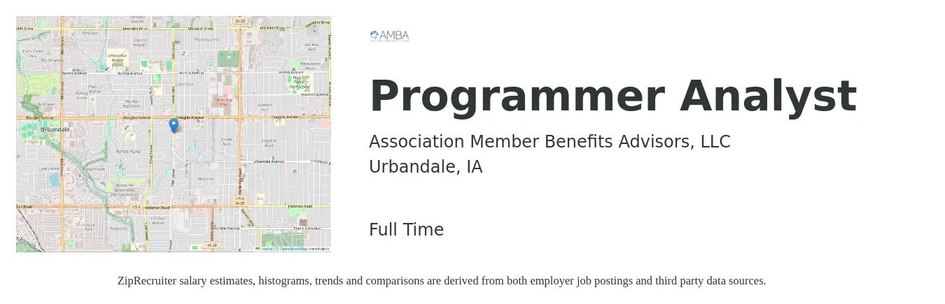 Association Member Benefits Advisors, LLC job posting for a Programmer Analyst in Urbandale, IA with a salary of $35 to $56 Hourly with a map of Urbandale location.