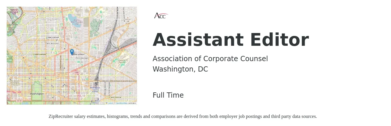 Association of Corporate Counsel job posting for a Assistant Editor in Washington, DC with a salary of $46,900 to $66,600 Yearly with a map of Washington location.