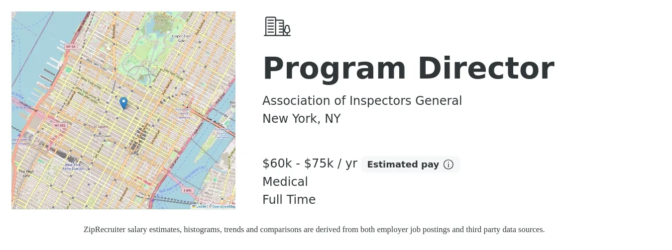 Association of Inspectors General job posting for a Program Director in New York, NY with a salary of $60,000 to $75,000 Yearly and benefits including medical, and pto with a map of New York location.