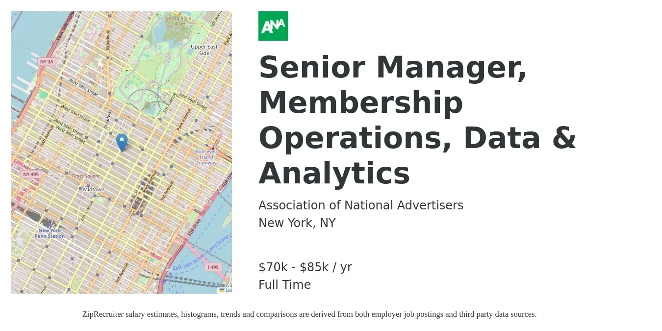 Association of National Advertisers job posting for a Senior Manager, Membership Operations, Data & Analytics in New York, NY with a salary of $70,000 to $85,000 Yearly with a map of New York location.