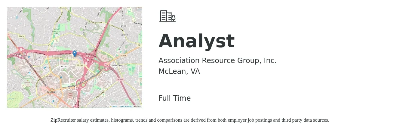 Association Resource Group, Inc. job posting for a Analyst in McLean, VA with a salary of $54,600 to $81,400 Yearly with a map of McLean location.
