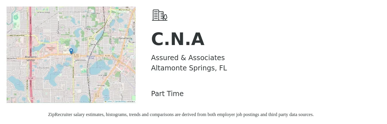 Assured & Associates job posting for a C.N.A in Altamonte Springs, FL with a salary of $16 to $22 Hourly with a map of Altamonte Springs location.