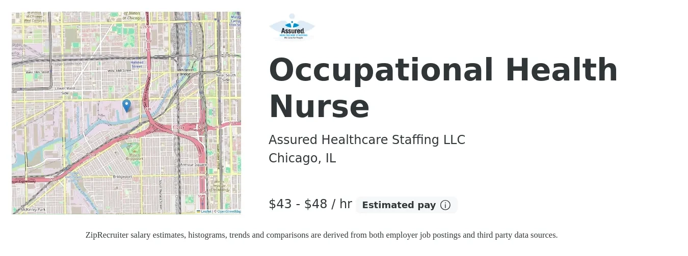 Assured Healthcare Staffing LLC job posting for a Occupational Health Nurse in Chicago, IL with a salary of $45 to $50 Hourly with a map of Chicago location.