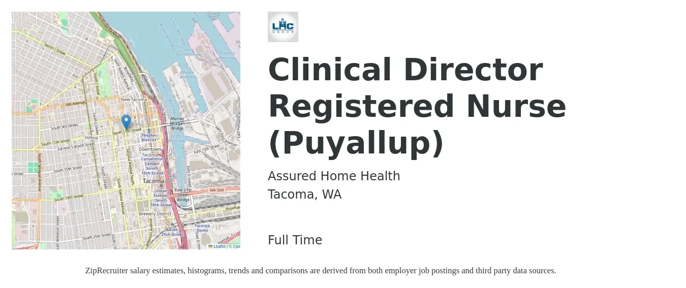 Assured Home Health job posting for a Clinical Director - Registered Nurse (Puyallup) in Tacoma, WA with a salary of $110,000 Yearly with a map of Tacoma location.