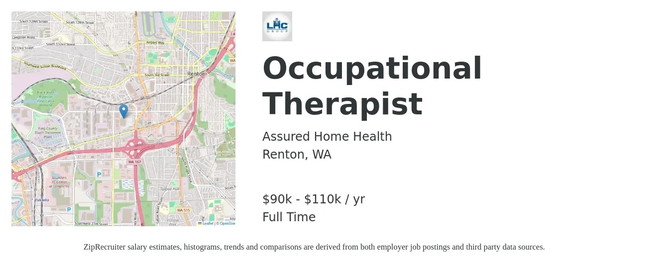 Assured Home Health job posting for a Occupational Therapist in Renton, WA with a salary of $90,000 to $110,000 Yearly with a map of Renton location.