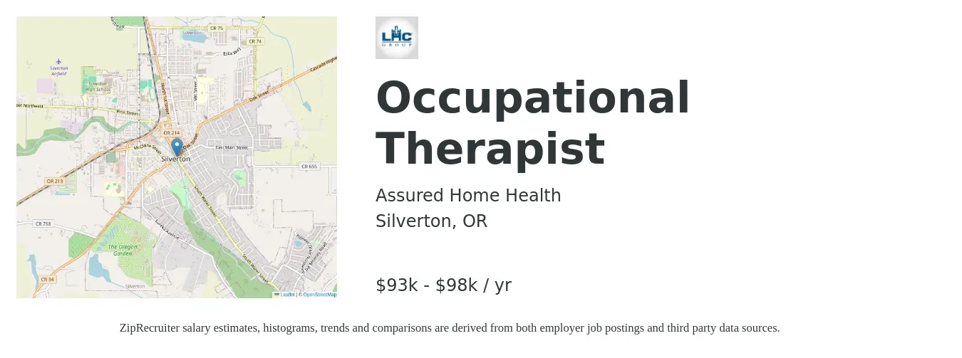 Assured Home Health job posting for a Occupational Therapist in Silverton, OR with a salary of $93,000 to $98,000 Yearly with a map of Silverton location.
