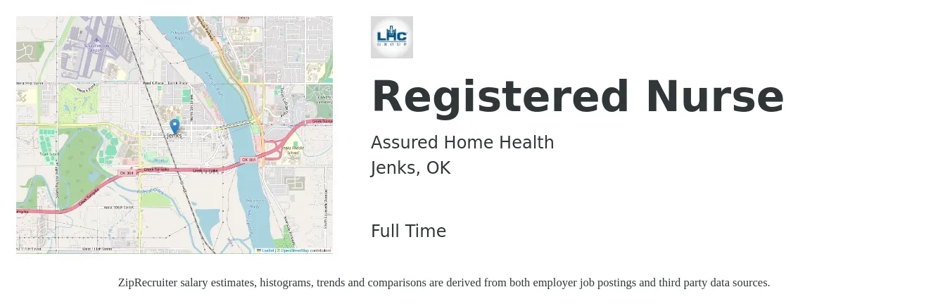 Assured Home Health job posting for a Registered Nurse in Jenks, OK with a salary of $28 to $44 Hourly with a map of Jenks location.