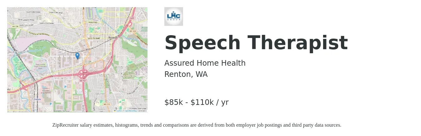 Assured Home Health job posting for a Speech Therapist in Renton, WA with a salary of $85,000 to $110,000 Yearly with a map of Renton location.