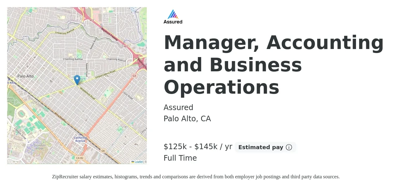 Assured job posting for a Manager, Accounting and Business Operations in Palo Alto, CA with a salary of $125,000 to $145,000 Yearly with a map of Palo Alto location.