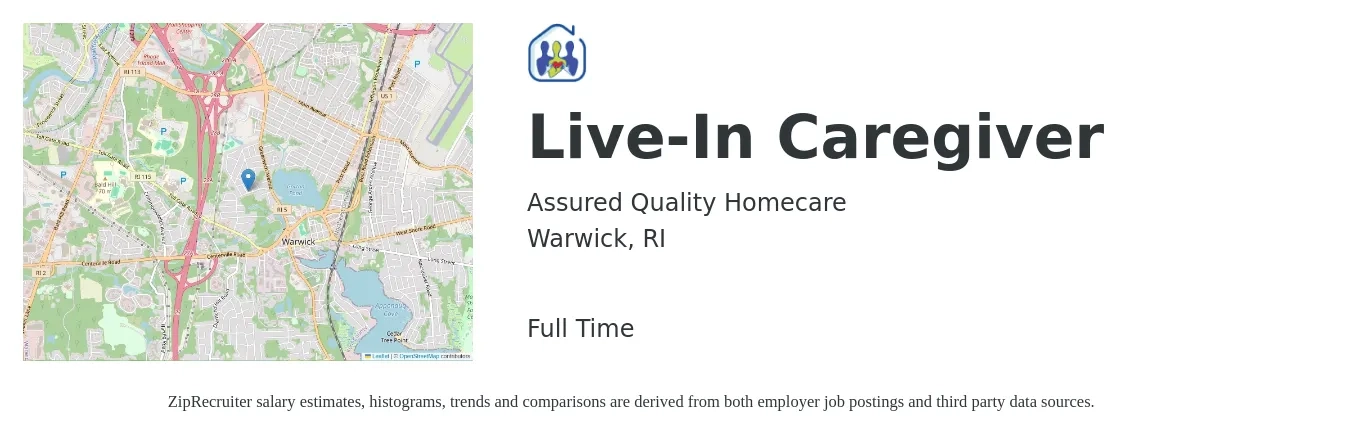 Assured Quality Homecare job posting for a Live-In Caregiver in Warwick, RI with a salary of $123 to $211 Daily with a map of Warwick location.