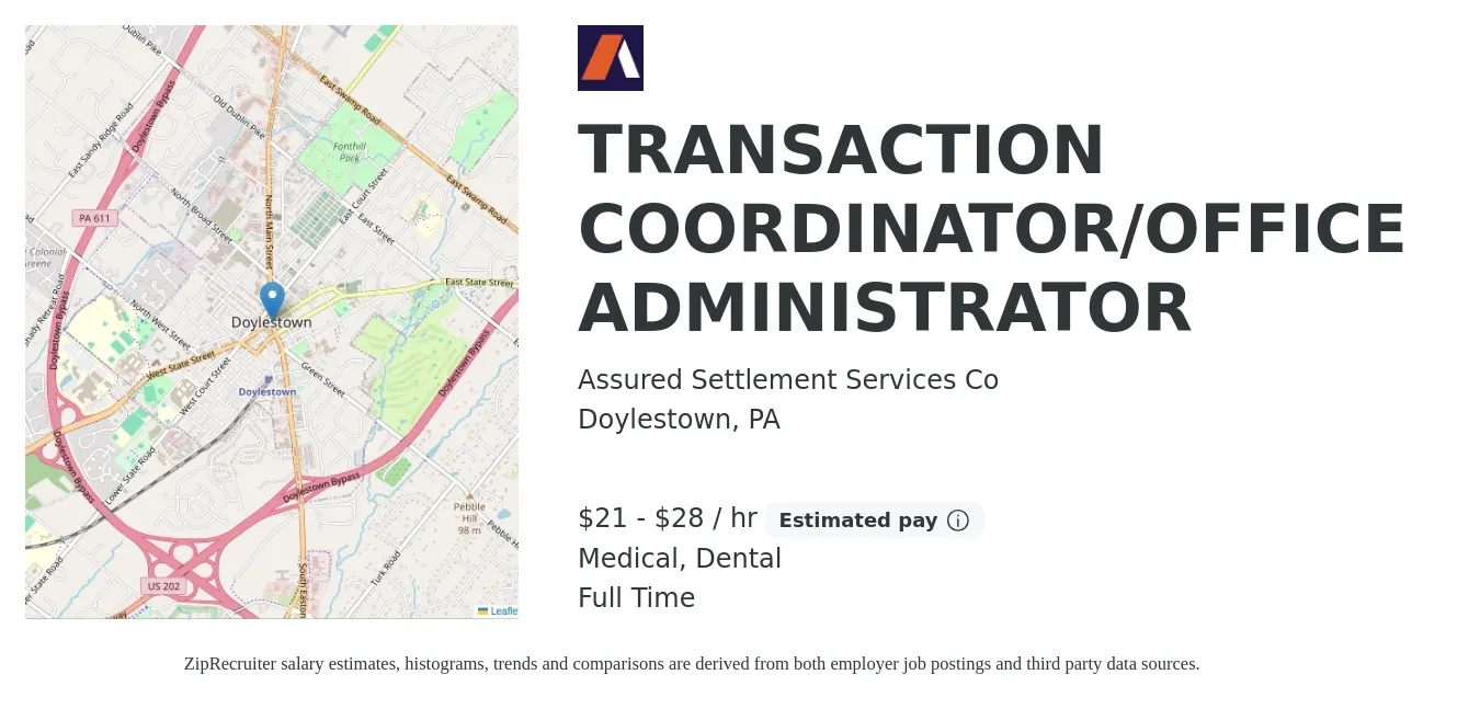 Assured Settlement Services Co job posting for a TRANSACTION COORDINATOR/OFFICE ADMINISTRATOR in Doylestown, PA with a salary of $22 to $30 Hourly and benefits including dental, and medical with a map of Doylestown location.