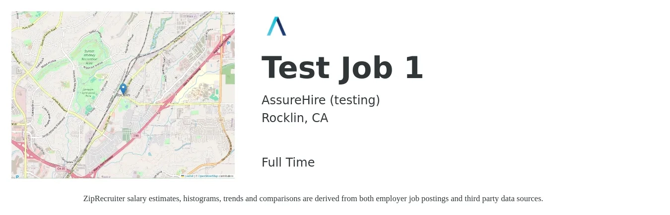 AssureHire (testing) job posting for a Test Job 1 in Rocklin, CA with a salary of $30 to $54 Hourly with a map of Rocklin location.